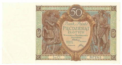 II RP, 50 złotych 1929 EY Banknot w niemal emisyjnym stanie zachowania, minus za...