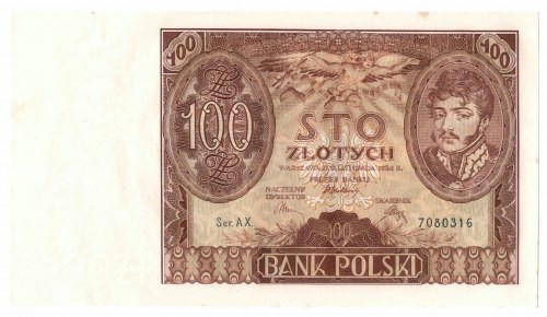 II RP, 100 złotych 1934 AX. dodatkowy znak wodny kreski Banknot w stanie niemal ...