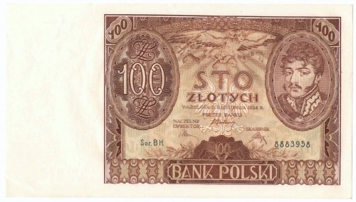 II RP, 100 złotych 1934 BH. dodatkowy znak wodny kreski Banknot w stanie wizualn...