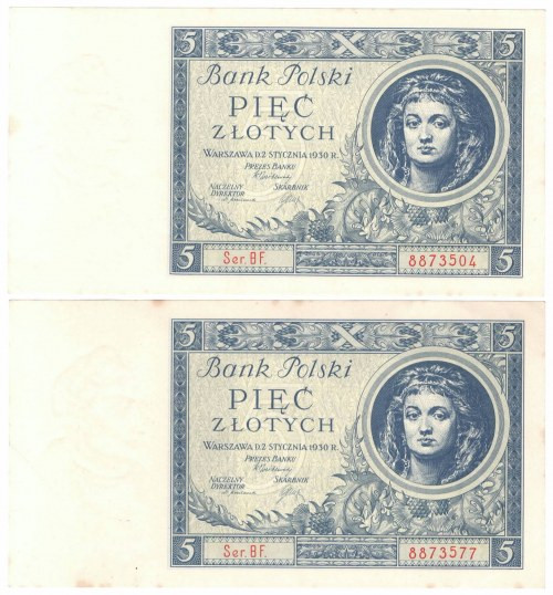 II RP, 5 złotych 1930 BF - zestaw 2 egzemplarzy Atrakcyjny zestaw dwóch banknotó...