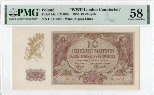 GG, 10 złotych 1940 N - PMG 58 Banknot w okołoemisyjnym stanie zachowania, zabez...