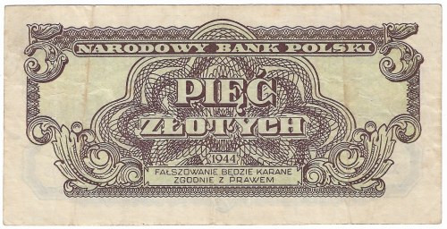 PRL, 5 złotych 1944 - owym XA Obiegowy egzemplarz. Reference: Miłczak 114a
Grad...