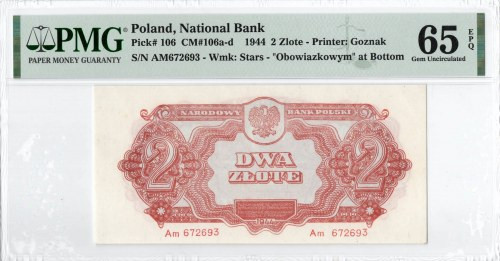 PRL, 2 złote 1944 '...obowiązkowym...' Am - PMG 65EPQ Wyśmienicie zachowany bank...