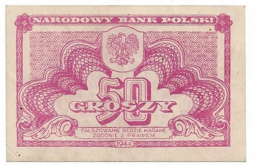 PRL, 50 groszy 1944 bez oznaczenia serii i numeracji Atrakcyjny egzemplarz, złam...
