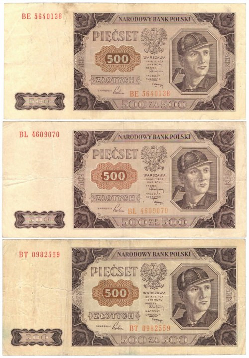 PRL, 500 złotych 1948 - zestaw 3 egzemplarze - Serie BT, BL, BE Obiegowe egzempl...