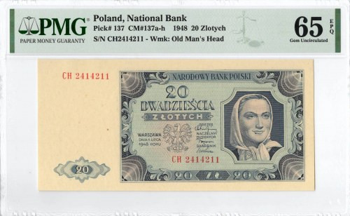 PRL, 20 złotych 1948 CH - PMG 65EPQ Wyśmienicie zachowany banknot o idealnej żyw...