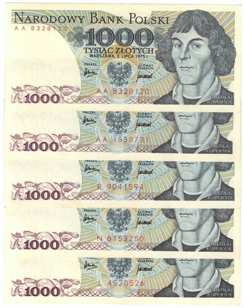 PRL, 1000 złotych 1975 - zestaw 5 egzemplarzy - Serie AA , L , N , R Zestaw pięc...