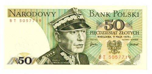 PRL, 50 złotych 1975 BT Egzemplarz w emisyjnym stanie zachowania. 
Grade: UNC