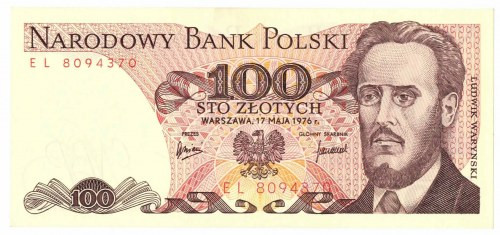 PRL, 100 złotych 1976 EL Wyśmienicie zachowany banknot w stanie emisyjnym. Bankn...