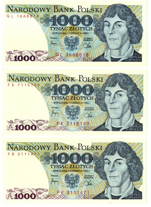 PRL, 1000 złotych 1982 - zestaw 3 egzemplarze - Serie GL, FR,FK Zestaw trzech at...