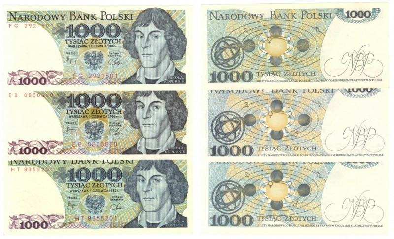 PRL, 1000 złotych 1982 - zestaw 3 egzemplarze - Serie HT, EB, FG Zestaw trzech a...