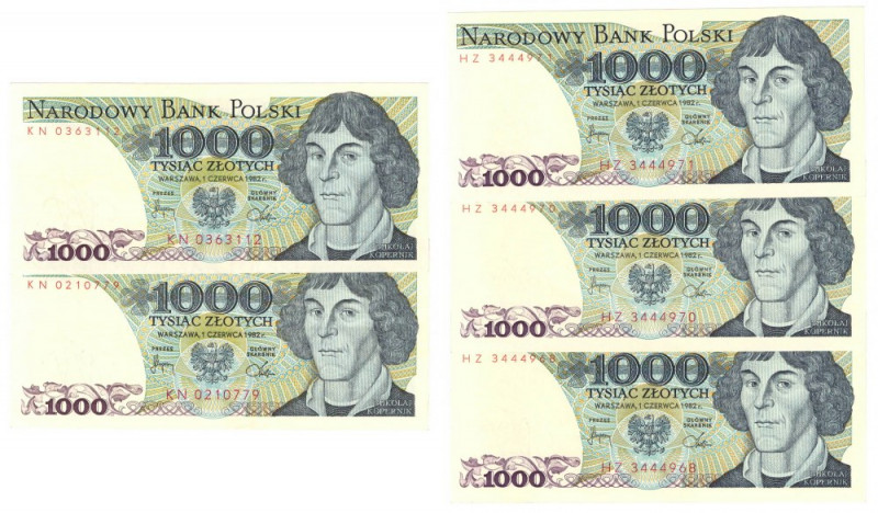 PRL, 1000 złotych 1982 - zestaw 5 egzemplarzy - Serie KN, HZ Zestaw pięciu egzem...