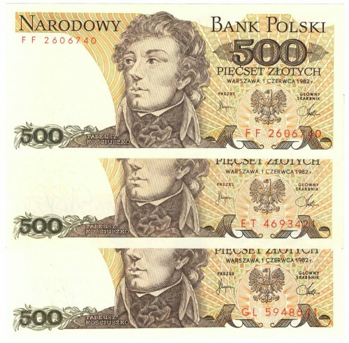 PRL, 500 złotych 1982 - zestaw 3 egzemplarze - Serie FF, ET, GL Zestaw trzech ba...
