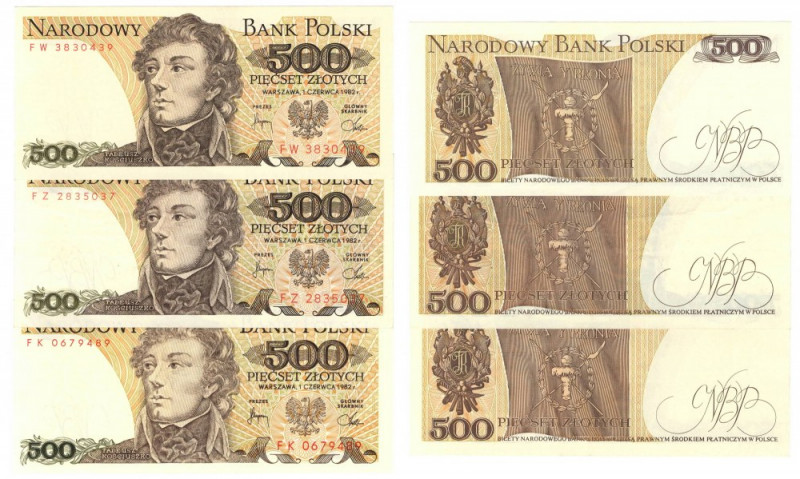 PRL, 500 złotych 1982 - zestaw 5 egzemplarzy - różne serie Zestaw trzech bardzo ...