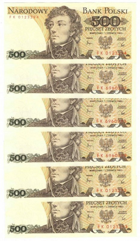 PRL, 500 złotych 1982 - zestaw 6 egzemplarzy - różne serie Zestaw sześciu bardzo...