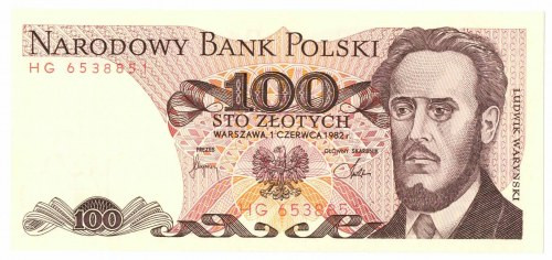 PRL, 100 złotych 1982 HG Wyśmienicie zachowany banknot w stanie emisyjnym. Bankn...