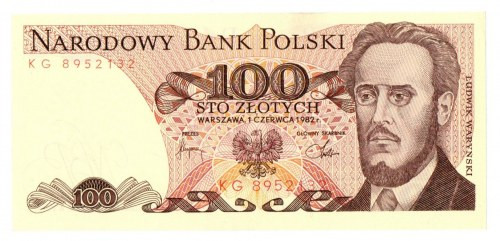 PRL, 100 złotych 1982 KG Egzemplarz w emisyjnym stanie zachowania, minus za ugię...