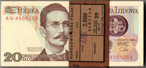 PRL, 20 złotych 1982 AN - paczka bankowa Paczka bankowa poszukiwanych 20 złotówe...