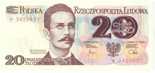 PRL, 20 złotych 1982 A Egzemplarz w emisyjnym stanie zachowania. 
Grade: UNC