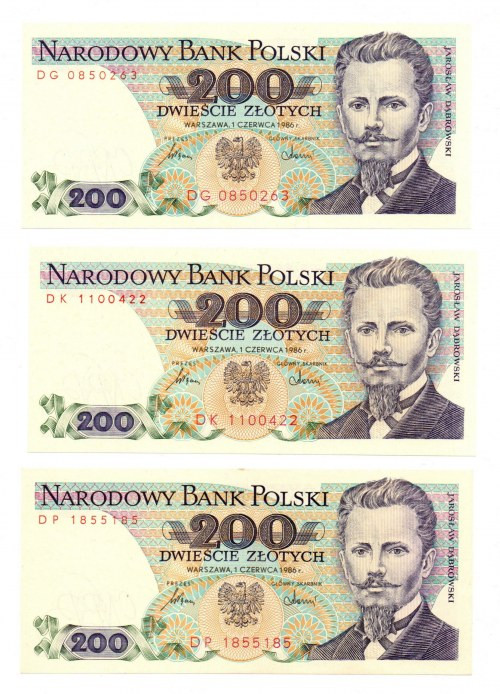 PRL, 200 złotych 1986 - zestaw 3 egzemplarze - Serie DK, DG, DP Zestaw trzech pi...