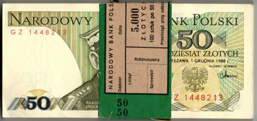 PRL, 50 złotych 1988 GZ paczka bankowa Paczka bankowa, kilka początkowych egzemp...