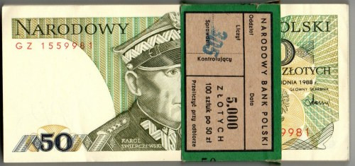 PRL, 50 złotych 1988 GZ paczka bankowa Paczka bankowa, kilka początkowych egzemp...