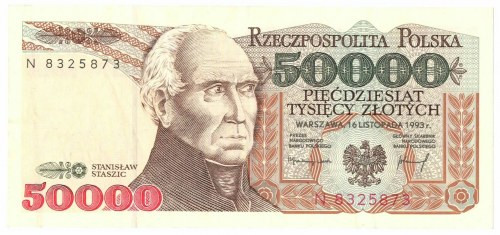 PRL, 50.000 złotych 1993 N Banknot o przyjemnej prezencji jednak z wyczuwalnymi ...