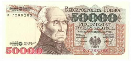 PRL, 50.000 złotych 1993 K Banknot o przyjemnej prezencji jednak z wyczuwalnym c...