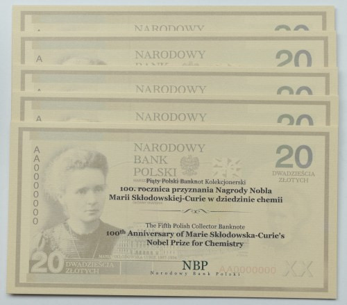 III RP, 20 złotych, Maria Skłodowska-Curie - zestaw 5 egzemplarzy Zestaw 5 egzem...