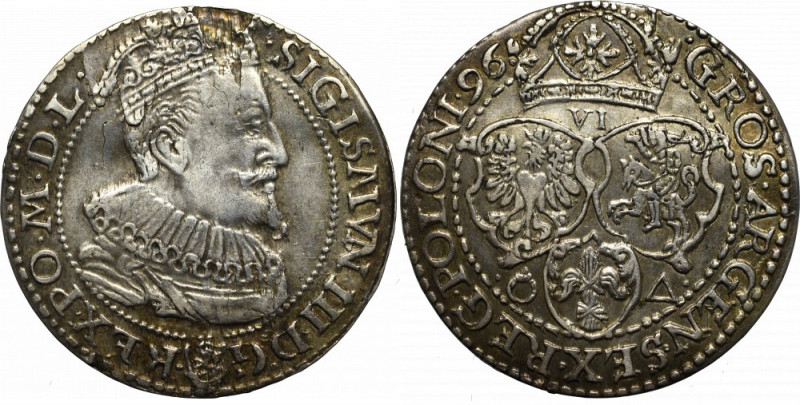 Sigismund III, 6 groschen 1596, Marienburg Ładny egzemplarz z lekkim menniczym u...