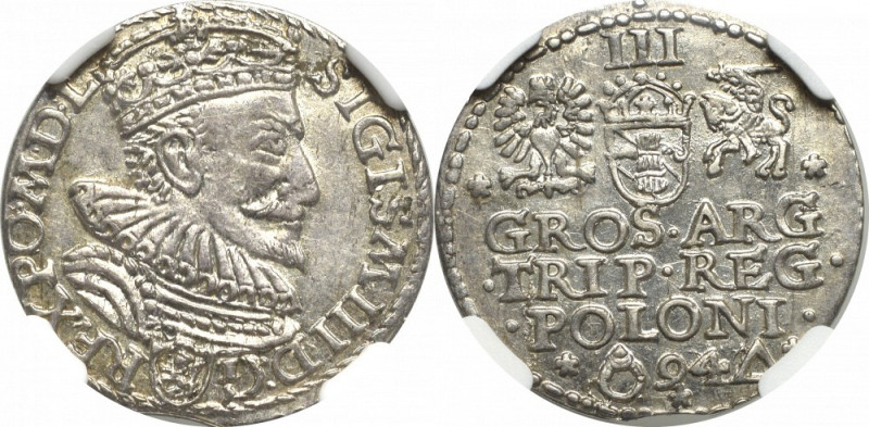 Sigismund III Vasa, 3 groschen 1594, Marienburg - NGC AU58 Okołomenniczy egzempl...