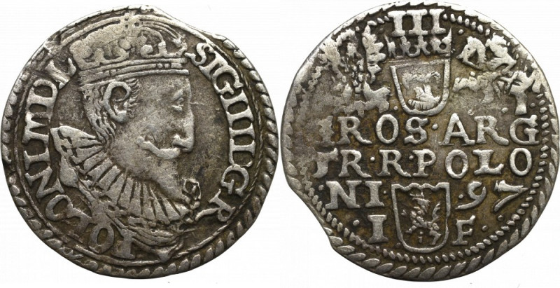 Sigismund III, 3 groschen 1597, Olcusia Ładny, obiegowy egzemplarz. Patyna. Nieo...