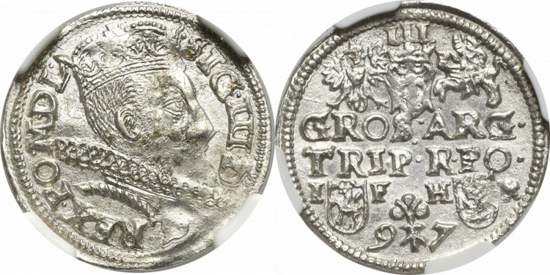 Sigismund III Vasa, 3 groschen 1597, Posen - NGC MS63 Wyselekcjonowany, menniczy...