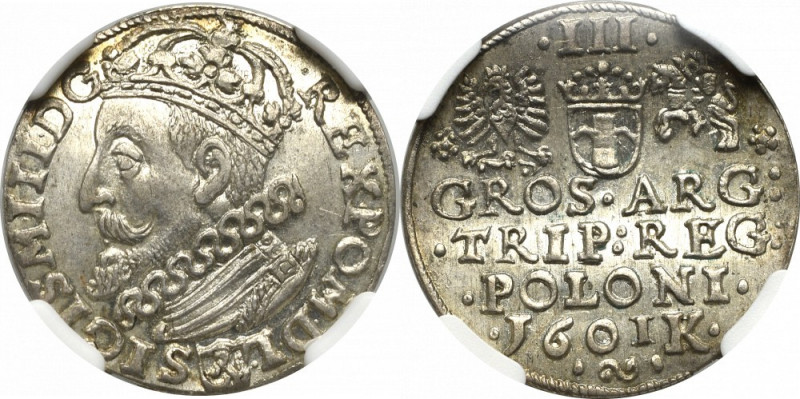 Sigismund III, 3 groschen 1601, Cracow - NGC MS62 Menniczy egzemplarz, z pięknym...