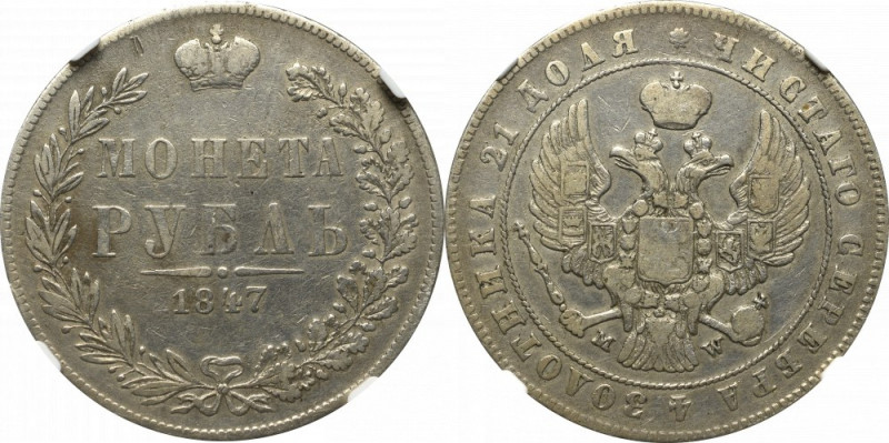 Zabór rosyjski, Mikołaj I, Rubel 1847 Warszawa - NGC VF Details Obiegowy egzempl...