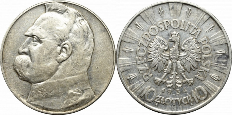 II Republic of Poland, 10 zloty 1934 Pilsudski Ładny, obiegowy egzemplarz. Patyn...