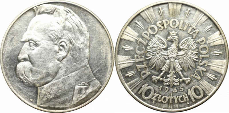 II Republic of Poland, 10 zloty 1935 Pilsudski Ładny egzemplarz z połyskiem w tl...