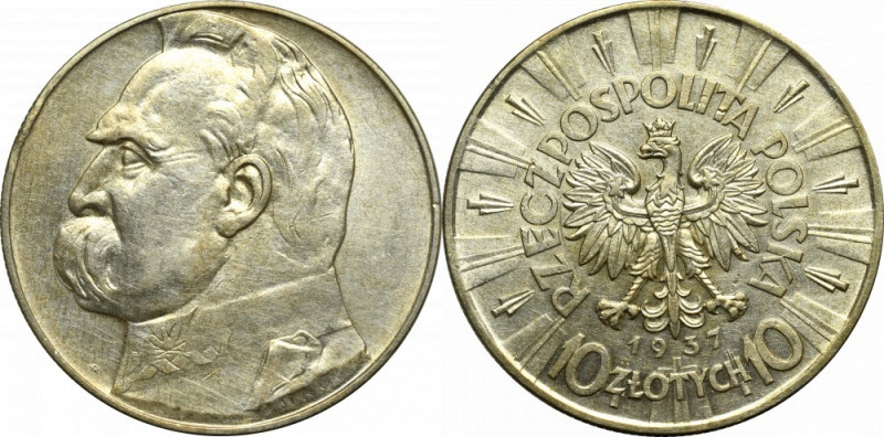 II Republic of Poland, 10 zloty 1937 Pilsudski Moneta o pięknych detalach, jedna...