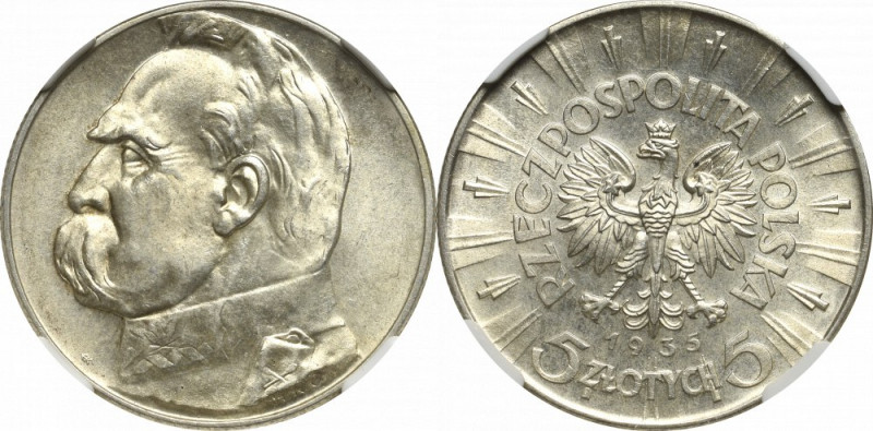 II Republic, 5 zlotych 1935, Pilsudski - NGC MS63 Piękny, wyselekcjonowany egzem...