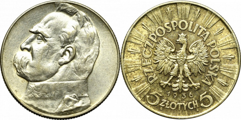 II Republic of Poland, 5 zloty 1936 Pilsudski Ładny egzemplarz. Patyna, nalot. ...