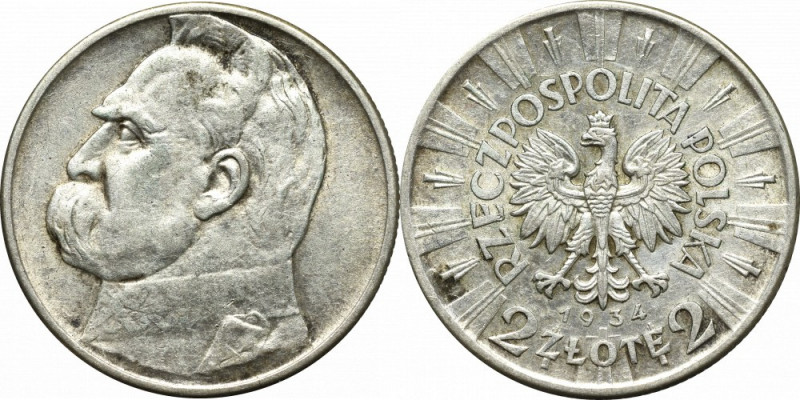 II Republic of Poland, 2 zloty 1934 Pilsudski Przyzwoity egzemplarz z resztkami ...