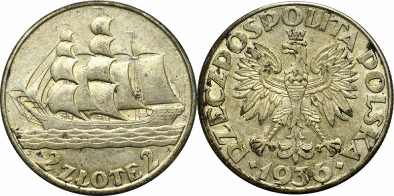 II Republic of Poland, 2 zloty 1936 Ship Bardzo ładnie zachowany egzemplarz z pi...