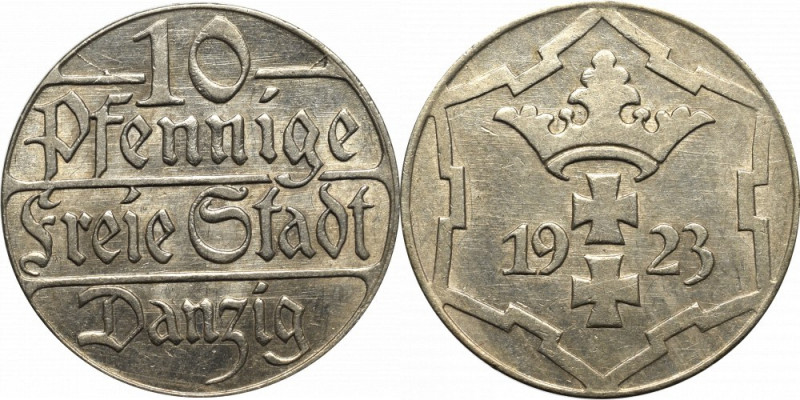 Free City of Danzig, 10 pfennig 1923 Bardzo ładnie zachowany egzemplarz z piękny...