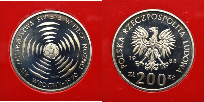 PRL, 200 złotych 1988 Mundial - Próba Piękny egzemplarz w oryginalnym etui. 
Gr...