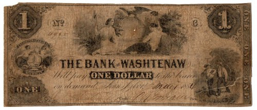 USA, 1 dolar 1854 Michigan - The Bank of Washtenaw in Ann Arbor Wiotki papier, m...