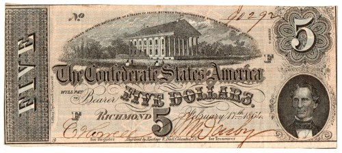 USA, 5 dolarów 1864 Confederate States of America Parokrotnie złamane, jednak be...