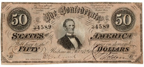 USA, 50 dolarów 1864 Confederate States of America Kilkukrotnie złamany, pogniec...