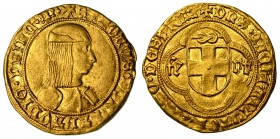 CARLO I di SAVOIA. Il Guerriero. (1482-1490). Ducato d'oro (IV tipo).

+ KAROLVS DVX SABAVDIE PRINC M Busto del duca a d. con corazza e berretto. R/...