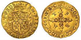EMANUELE FILIBERTO di SAVOIA. Testa di ferro (1553-1580). Scudo d'oro del Sole 1562 (V tipo). Torino.

EM FILIB D G DVX SAB P PED Stemma coronato in...