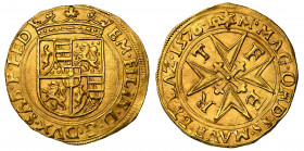 EMANUELE FILIBERTO di SAVOIA. Testa di ferro (1553-1580). Scudo d'oro del Sole 1576 (VI tipo). Torino.

EM FILIB D G DVX SAB P PED Stemma coronato i...